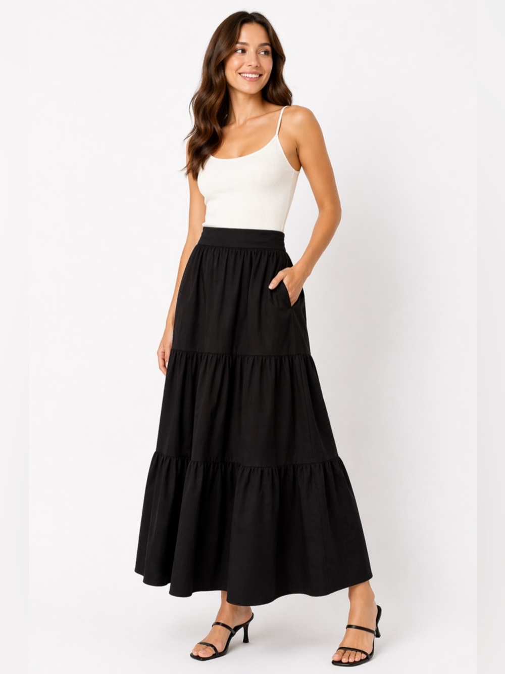 Pearl Pagoda Tiered‎ Black Preppy Maxi Skirt